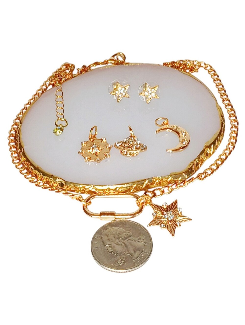 Gold Caribiner Pendant Necklace Star Stud Earrings Mod 60s Astro Core Y2k Core - Picture 13 of 16